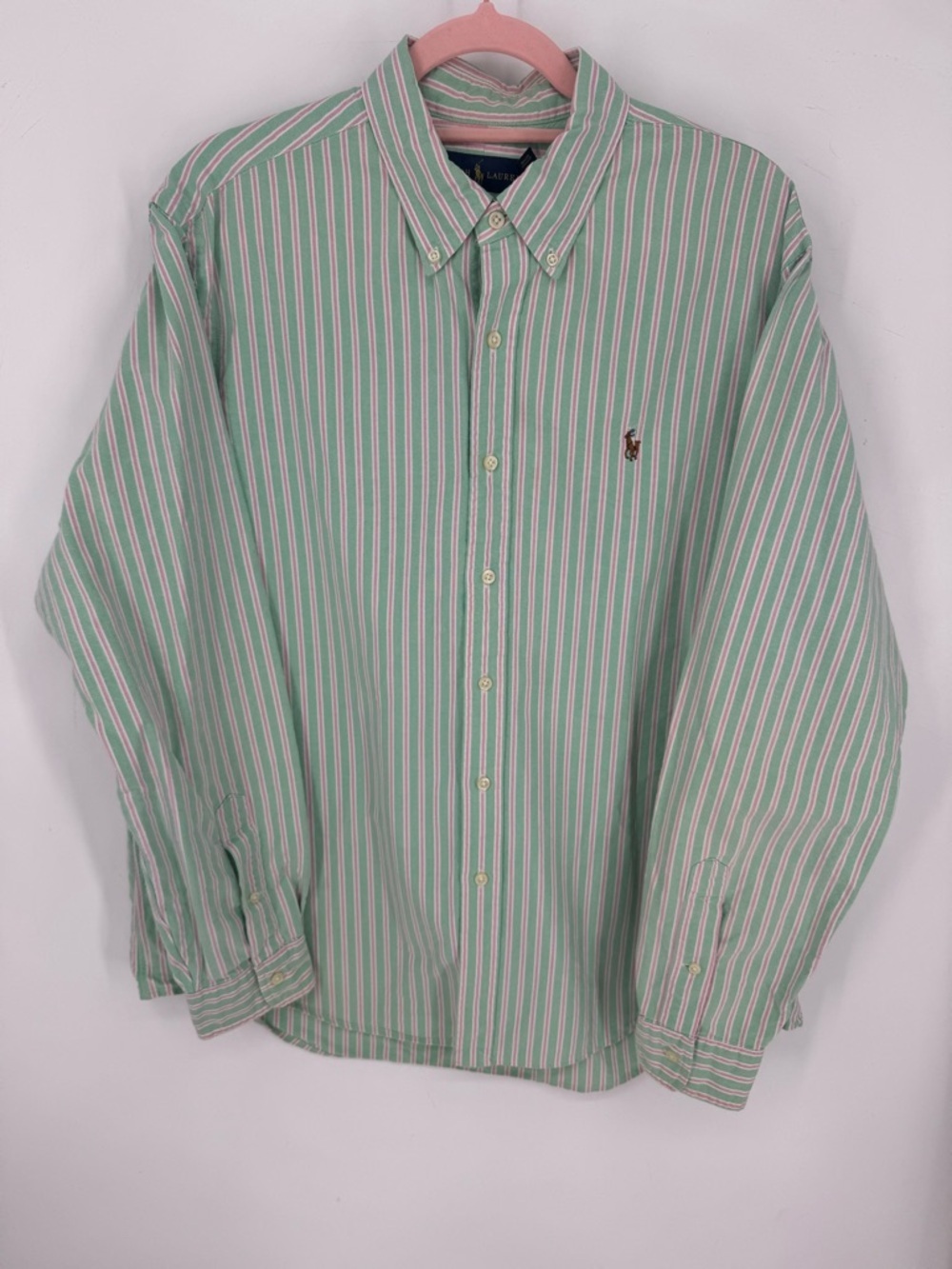 Ralph Lauren Men's Green/Pink/White Stripe Long Sleeve Button Down Shirt Size XL